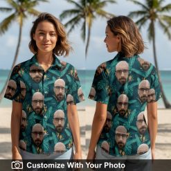 Hawaiian shirt with bearded face print and green leaves worn by woman on beach