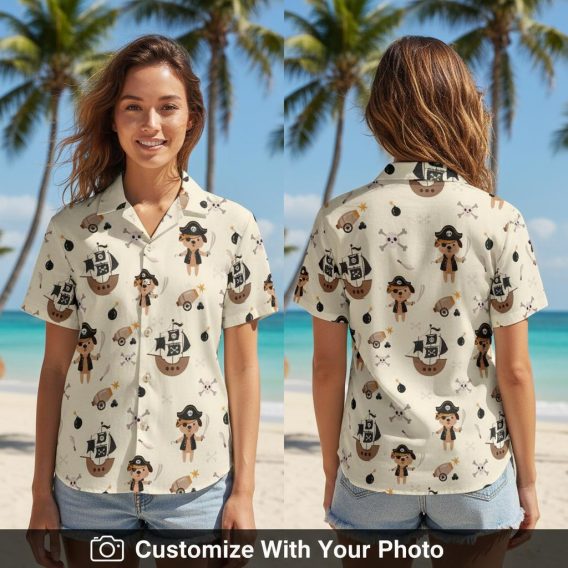 Woman wearing beige Hawaiian shirt with cute cartoon pirate, ships, and skull patterns