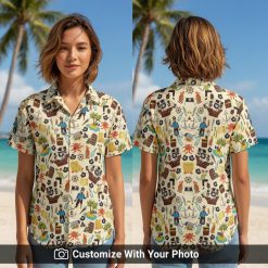 Woman wearing beige cartoon pirate Hawaiian shirt with ships and octopus designs