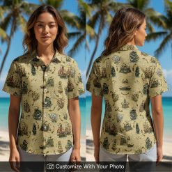 Woman wearing beige vintage pirate ship Hawaiian shirt with birds and island accents