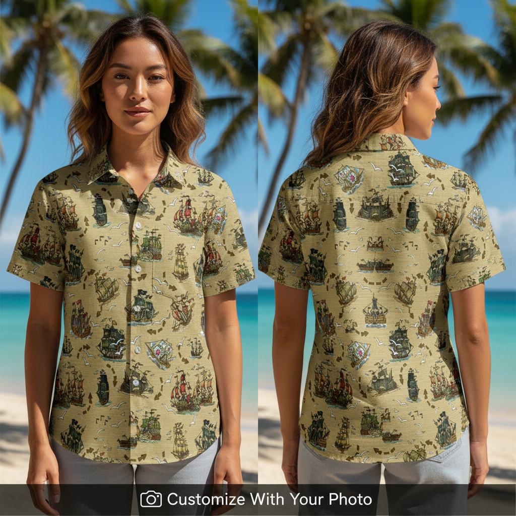 Woman wearing beige vintage pirate ship Hawaiian shirt with birds and island accents