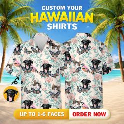 Hawaiian shirt displays dogs cats butterflies parrots with leafy plants pink flowers pattern