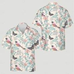 Shirt pattern contains birds butterflies flowers leafy branches in pastel shades design