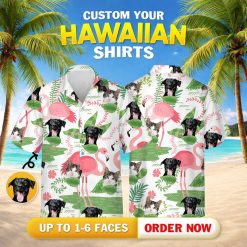 Dress shirt displaying black cat hawaiian shirt with dogs and flamingo elements