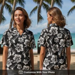 black gun hawaiian shirt with hibiscus flowers worn by woman at a beach bar