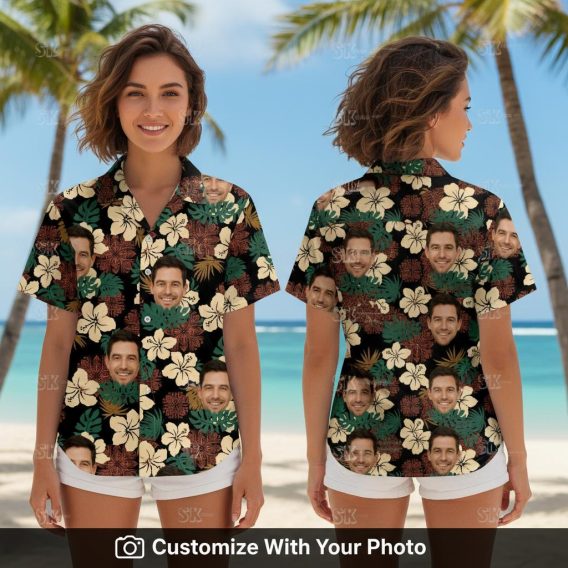 Woman wearing black Hawaiian shirt with custom face, hibiscus flowers, and green leaves