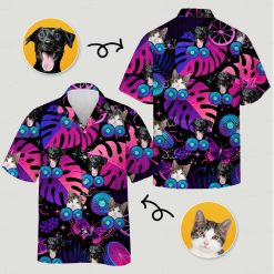 Close-up black pineapple hawaiian shirt displaying dogs cats pink purple leaves butterfly designs
