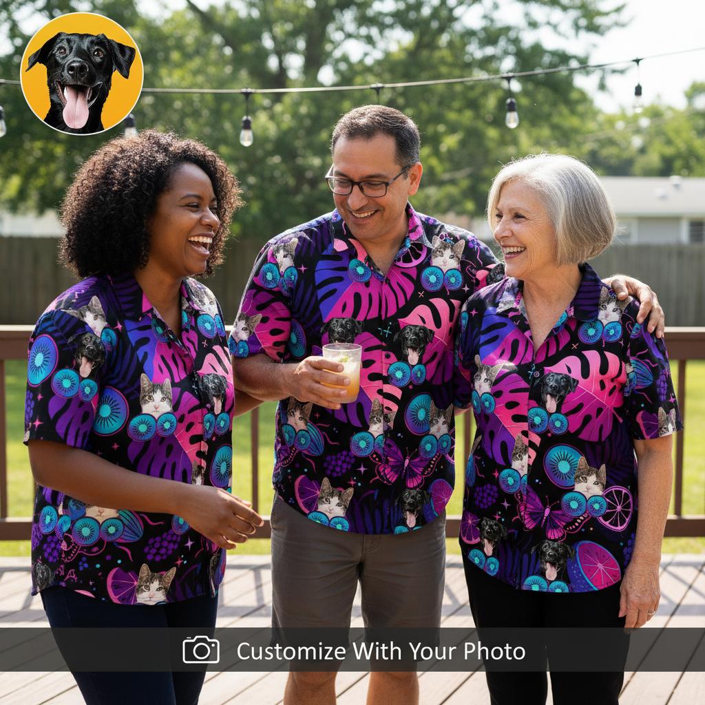 Family matching black pineapple hawaiian shirt group BBQ party wooden deck setting Group wearing matching black pineapple hawaiian shirt wooden deck BBQ party string lights