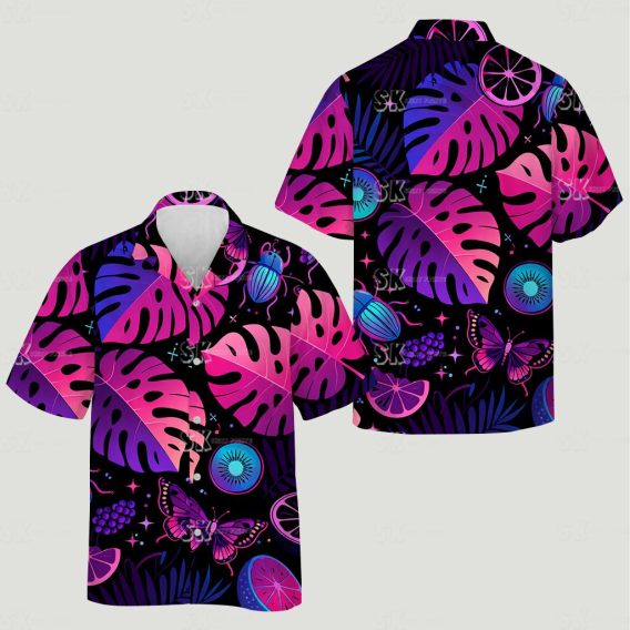 Monstera leaves citrus slices grapes butterflies on black pineapple hawaiian shirt tropical design