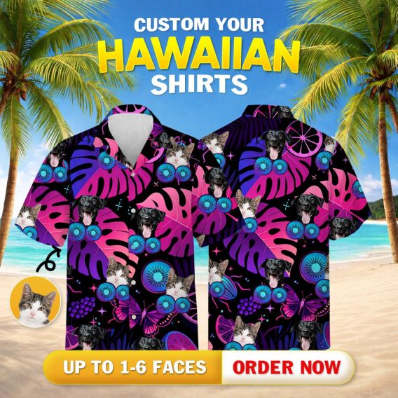 Pink monstera leaves with pet faces blue circles on black pineapple hawaiian shirt