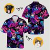 Custom black pineapple hawaiian shirt featuring dog and cat faces with pink palm leaves