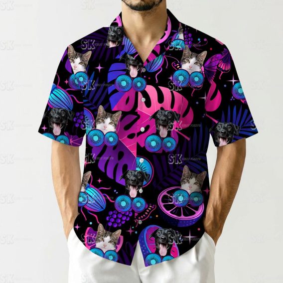 Dog and cat wearing neon sunglasses on black pineapple hawaiian shirt with leaves