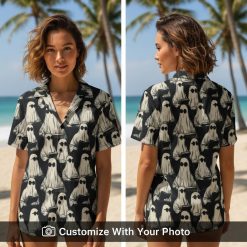 book lover halloween hawaiian shirt with ghosts worn by woman at party