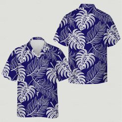 Botanical short sleeve tropical shirts with white monstera and palm leaves on navy background