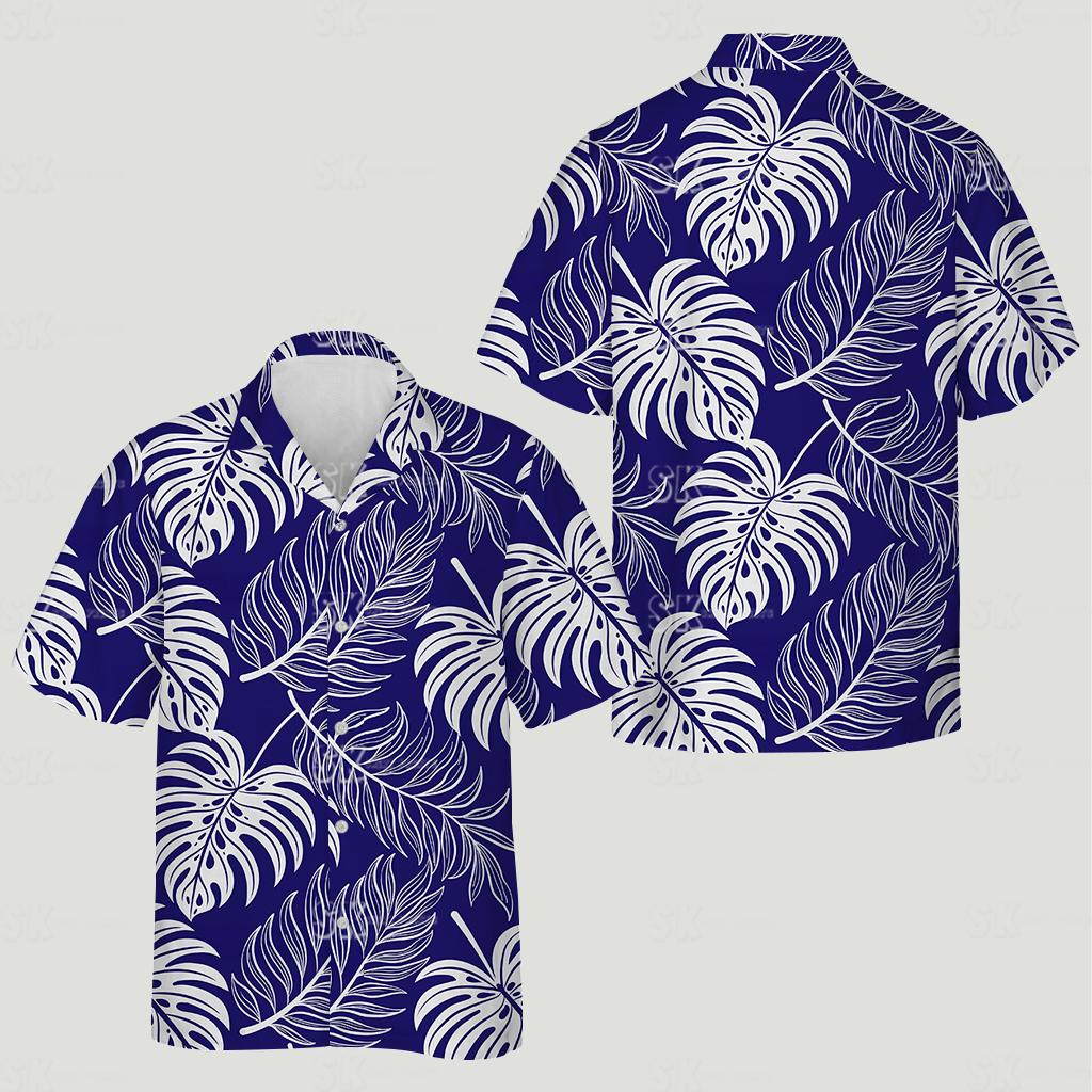 Botanical short sleeve tropical shirts with white monstera and palm leaves on navy background