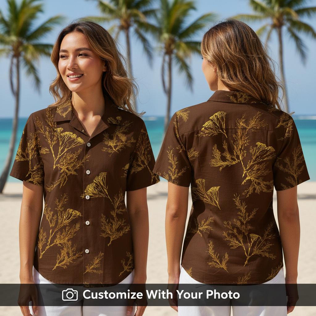 Woman wearing a brown Hawaiian shirt with yellow coral print and tropical island style