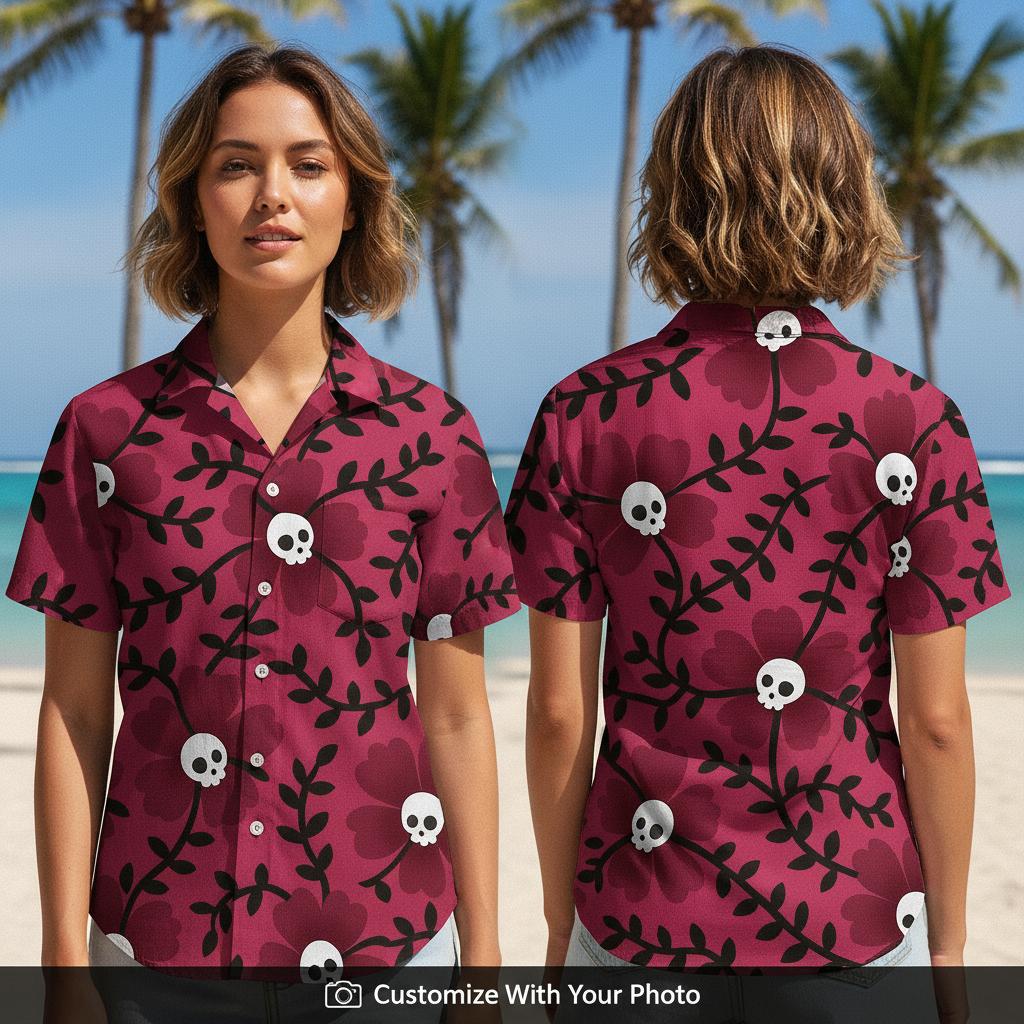 burgundy skull hawaiian shirt — dark floral gothic pattern burgundy woman wearing