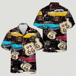 Pattern features classic cars yellow blue red colors Route 66 signs state maps