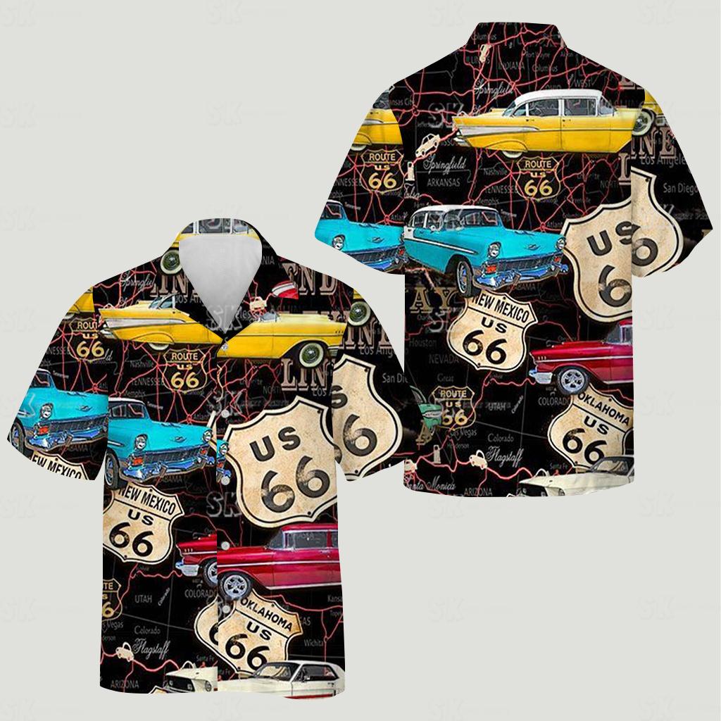 Pattern features classic cars yellow blue red colors Route 66 signs state maps