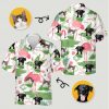 Hawaiian shirt displaying cat aloha shirt pattern with dogs flamingos and tropical leaves