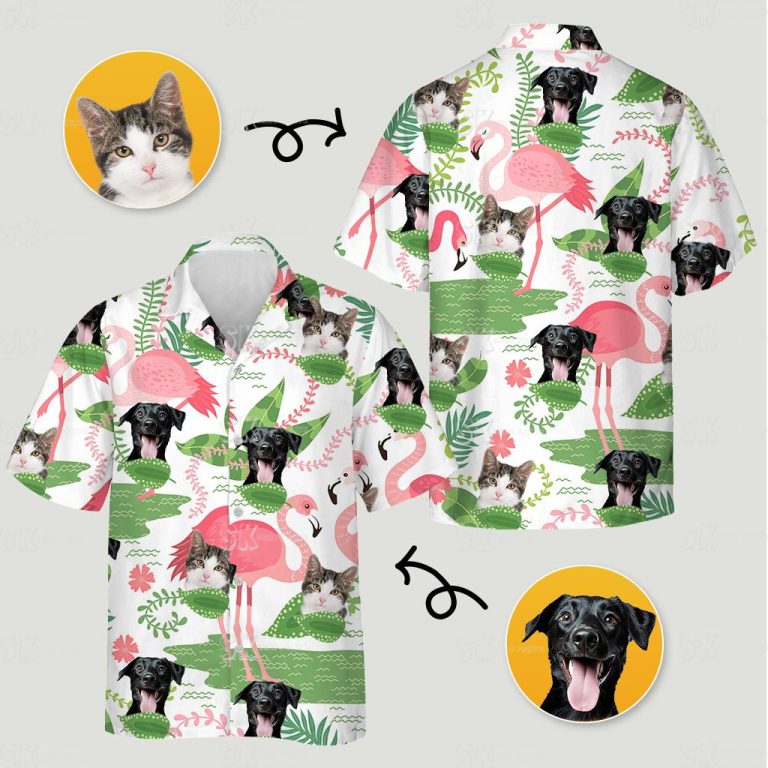 Cat Aloha Shirt Multi Pet Design with Custom Photo Print Flamingo Dogs