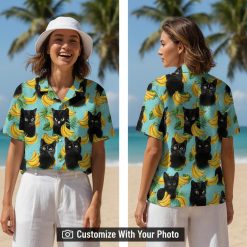 cat hawaiian shirt turquoise banana print worn by woman at sunny beach