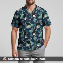 cat hawaiian shirt black cats tropical design worn by man on beach
