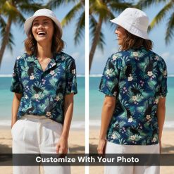 cat hawaiian shirt black cats tropical leaves worn by woman at beach