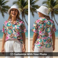 cat hawaiian shirt with tropical leaves and flowers on woman at beach party