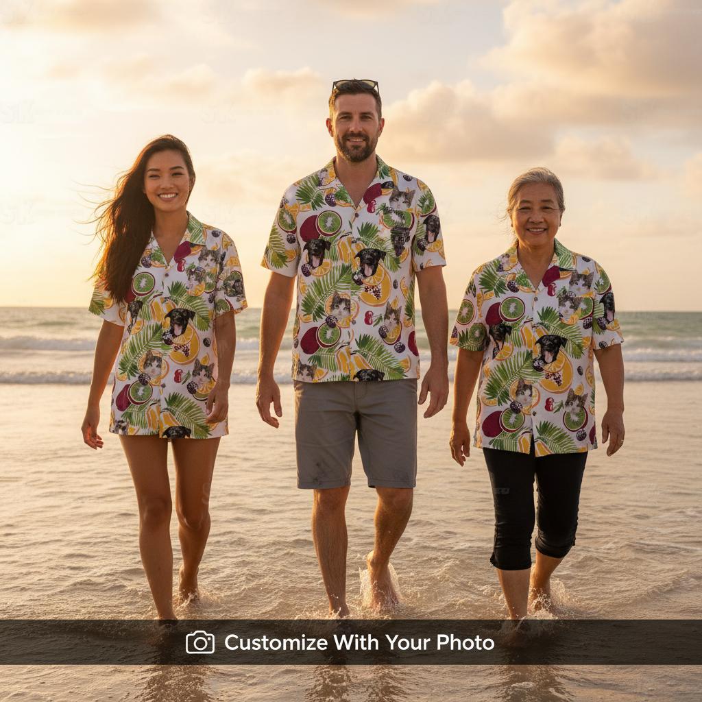 Group wearing matching cat hawaiian shirts standing tropical beach golden hour shallow water