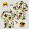 Cat hawaiian shirt displaying mixed cat dog faces kiwi oranges blackberries green leaves