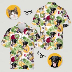 Cat hawaiian shirt displaying mixed cat dog faces kiwi oranges blackberries green leaves