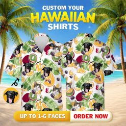 Cat hawaiian shirt tropical design dog cat faces oranges limes dragon fruits palm