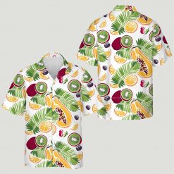 Cat hawaiian shirt white background featuring kiwi oranges papayas blackberries tropical leaves