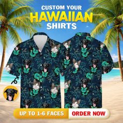 Hawaiian shirt featuring blue green butterflies leaves dog and cat faces dark background