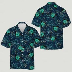 Cat print hawaiian shirt displaying green black butterflies with leaves on blue background
