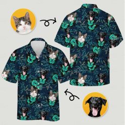Custom cat print hawaiian shirt with dog faces butterfly patterns and leaf designs