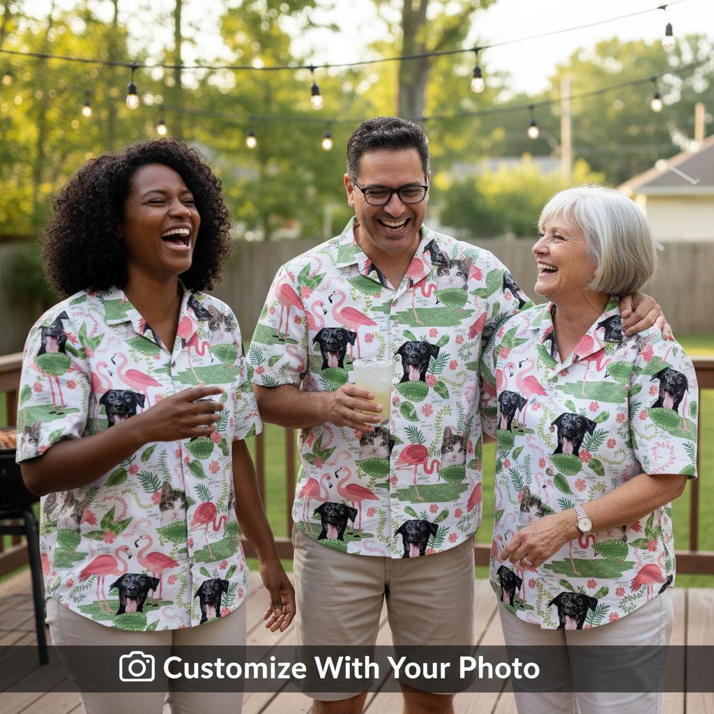 Family wearing matching shirts at backyard BBQ party wooden deck string lights lawn