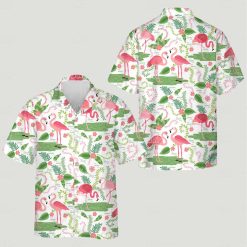 Tropical shirt pattern displaying pink flamingos green leaves various pink flowers