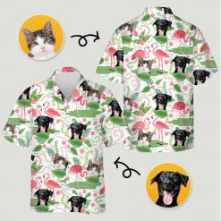 Cat themed hawaiian shirt pattern featuring cats dogs flamingos on green tropical leaves