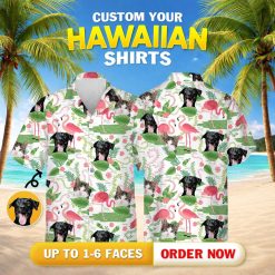 Playful shirt pattern including dogs cats flamingos tropical leaves in green pink white
