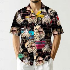 Shirt shows Route 66 signs faces with sunglasses cats vintage cars map background