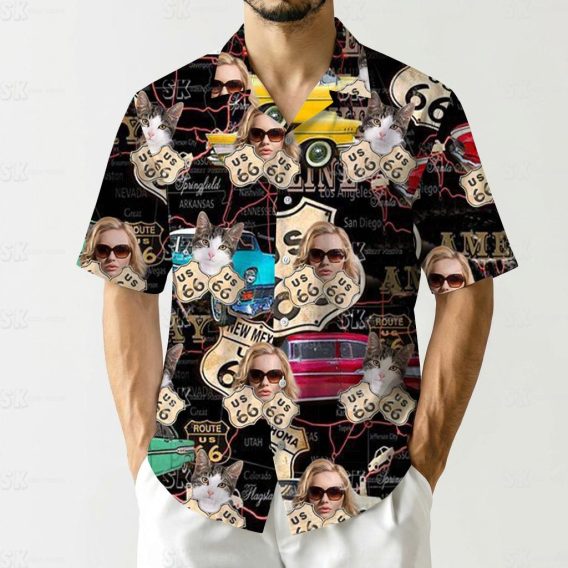 Shirt shows Route 66 signs faces with sunglasses cats vintage cars map background