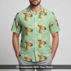 Hawaiian shirt with cockatoo parrot face print worn by man on tropical beach