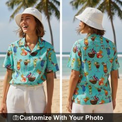 cocktail hawaiian shirt turquoise with tropical drinks worn by woman at beach