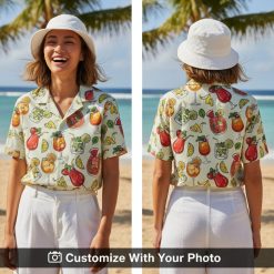 cocktail hawaiian shirt with fruity drinks and a woman at sunset beach