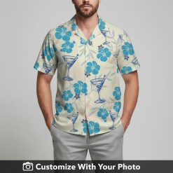 cocktail hawaiian shirt blue hibiscus floral and seashell print on man outdoors