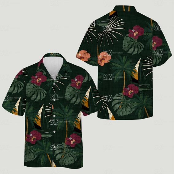 Red orange hibiscus palm trees sailboats pattern on cotton hawaiian shirts mens dark background