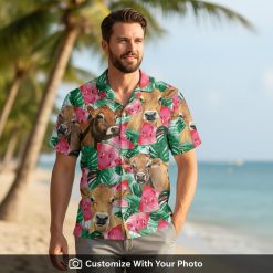cow hawaiian shirt with playful cows watermelon print worn by man outdoors