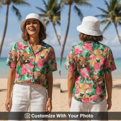 cow hawaiian shirt with cows and watermelon worn by woman at sunset picnic